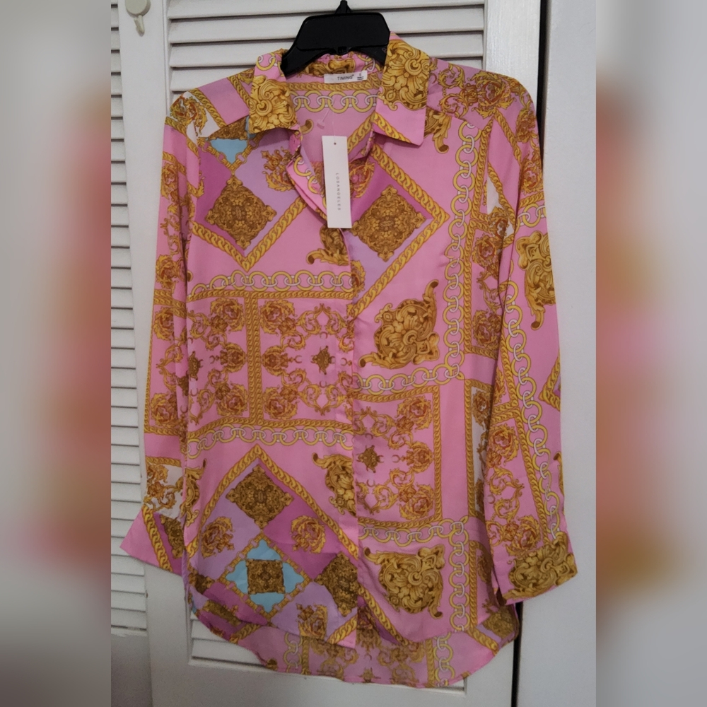 10 / $10 New Pink and Gold Graphic Button Down Shirt